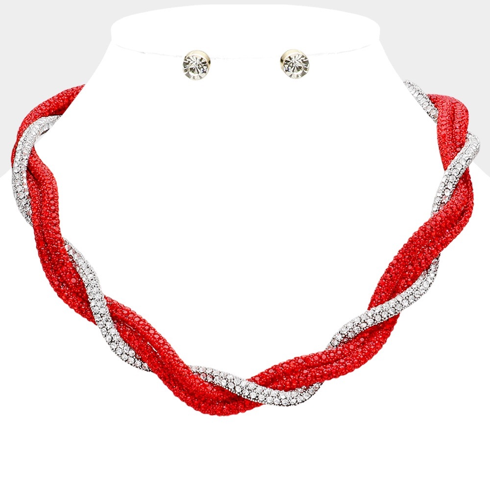 Red & Silver Rhinestone Twisted Statement Necklace